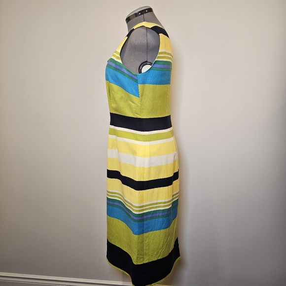 Custom handmade yellow green navy stripes linen sleeveless midi dress size 12 US - Picture 3 of 5